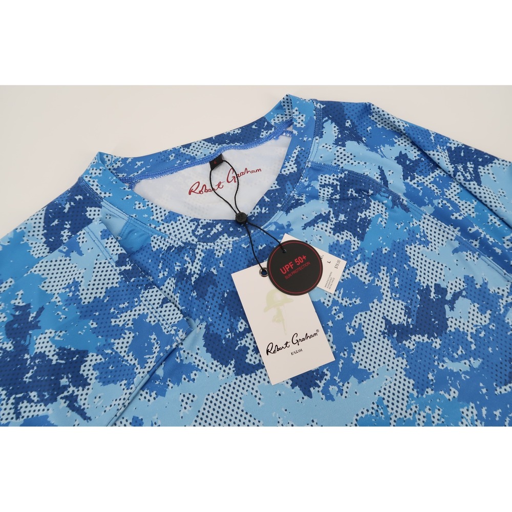 Robert Graham Performance Sun Block Shirt Mens Large Blue Camo UPF 50+ SMRG114